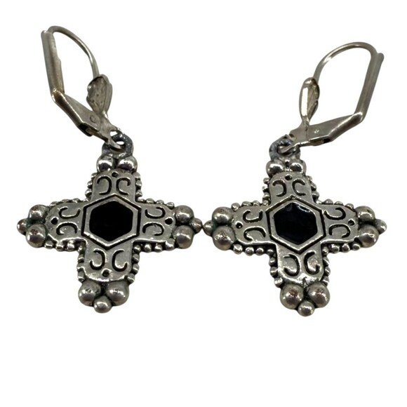Inca Chakana Cross Earrings Silver Tone Black Onyx Inlay Dangle Boho NO MARKINGS - Picture 11 of 15